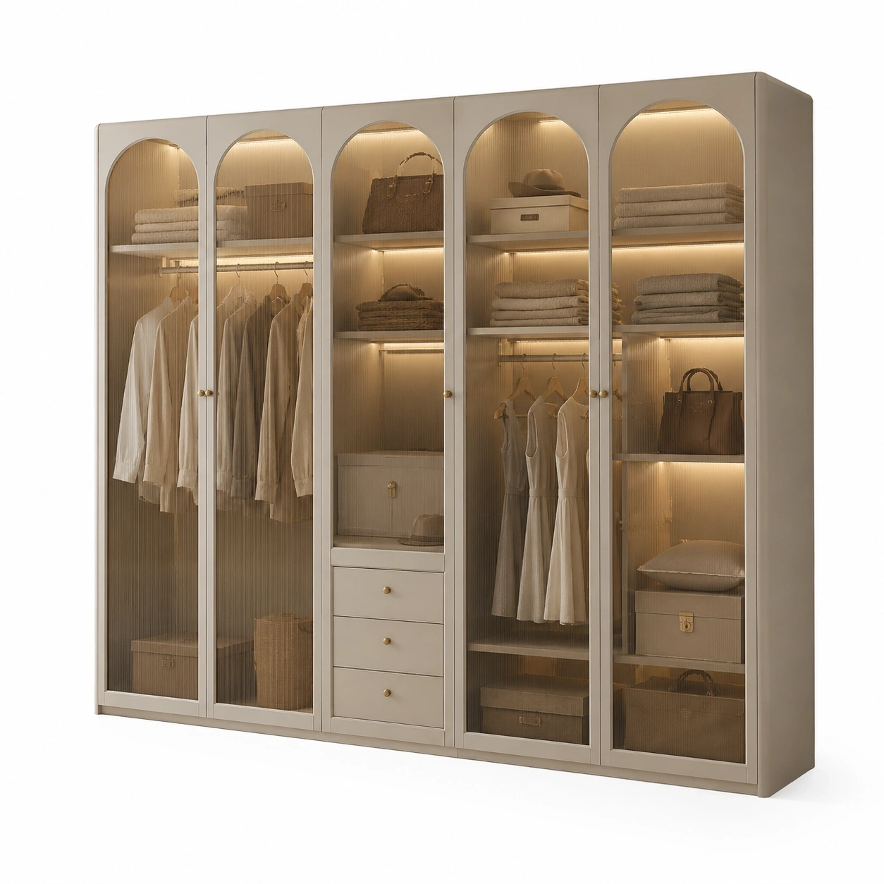 Luxuri?ser Kleiderschrank mit LED-Beleuchtung-Beige-LuxeSelvia